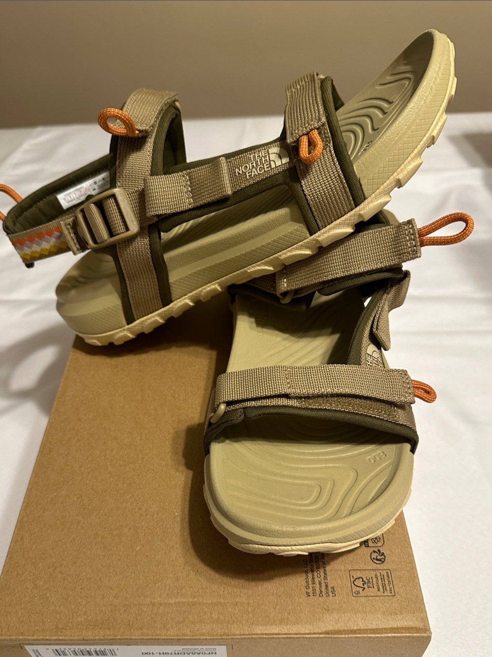 The North Face W Explore Camp Olive Tan Sandals with Orange Accents Box no Lid